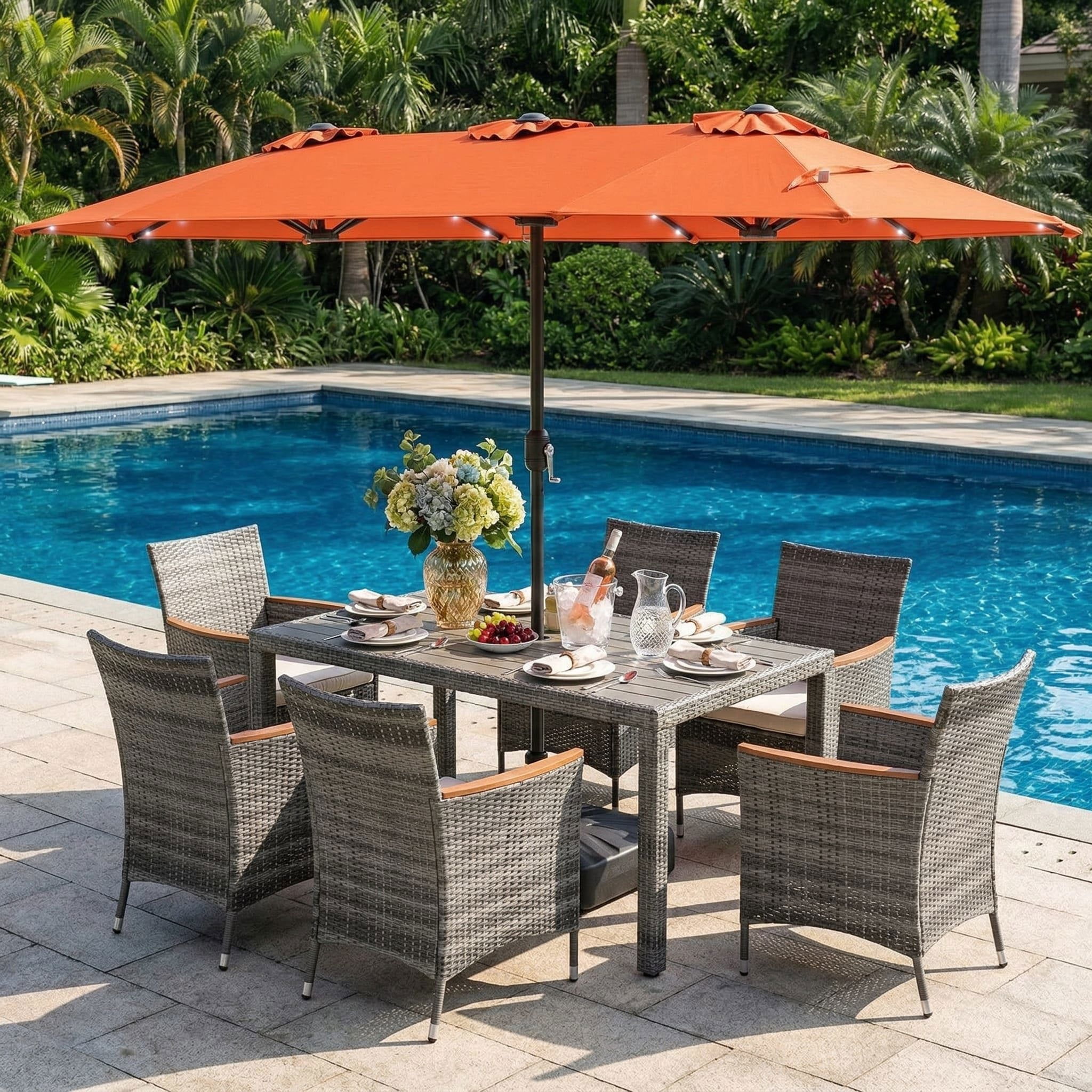 Resenkos 8 Piece Outdoor Wicker Dining Furniture Set, 13.5 FT Double Sided Patio Umbrella with Solar LED Lights for Patio Dining, Orange
