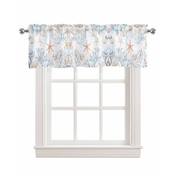 Beach Coastal Kitchen Valances for Windows Farmhouse Linen Window Valance Curtain for Living Room Window Treatment Nautical Summer Starfish Coral Sea Valance Rod Pocket Topper Drape, 60 x 18 Inch