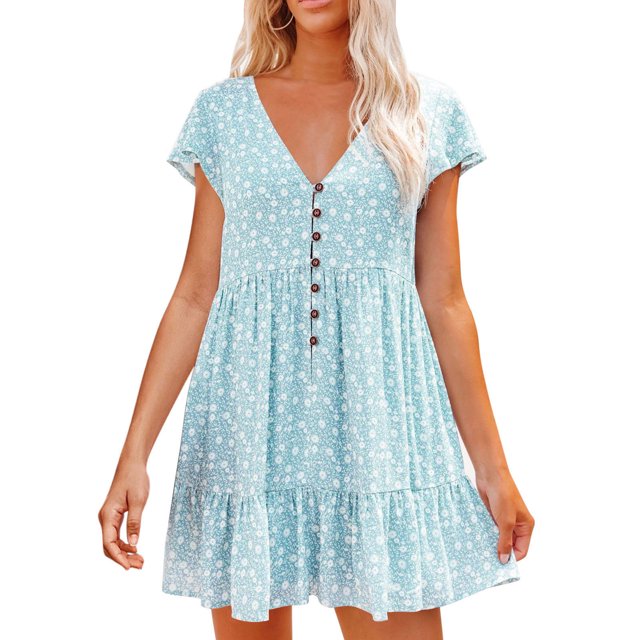 Prolriy Robes Printemps Été pour Femmes 2025 Robes d'Été à Manches Courtes à Fleurs Col en V Boutonnée Robes Courtes pour Femmes, Robes pour Femmes Bleu Ciel m
