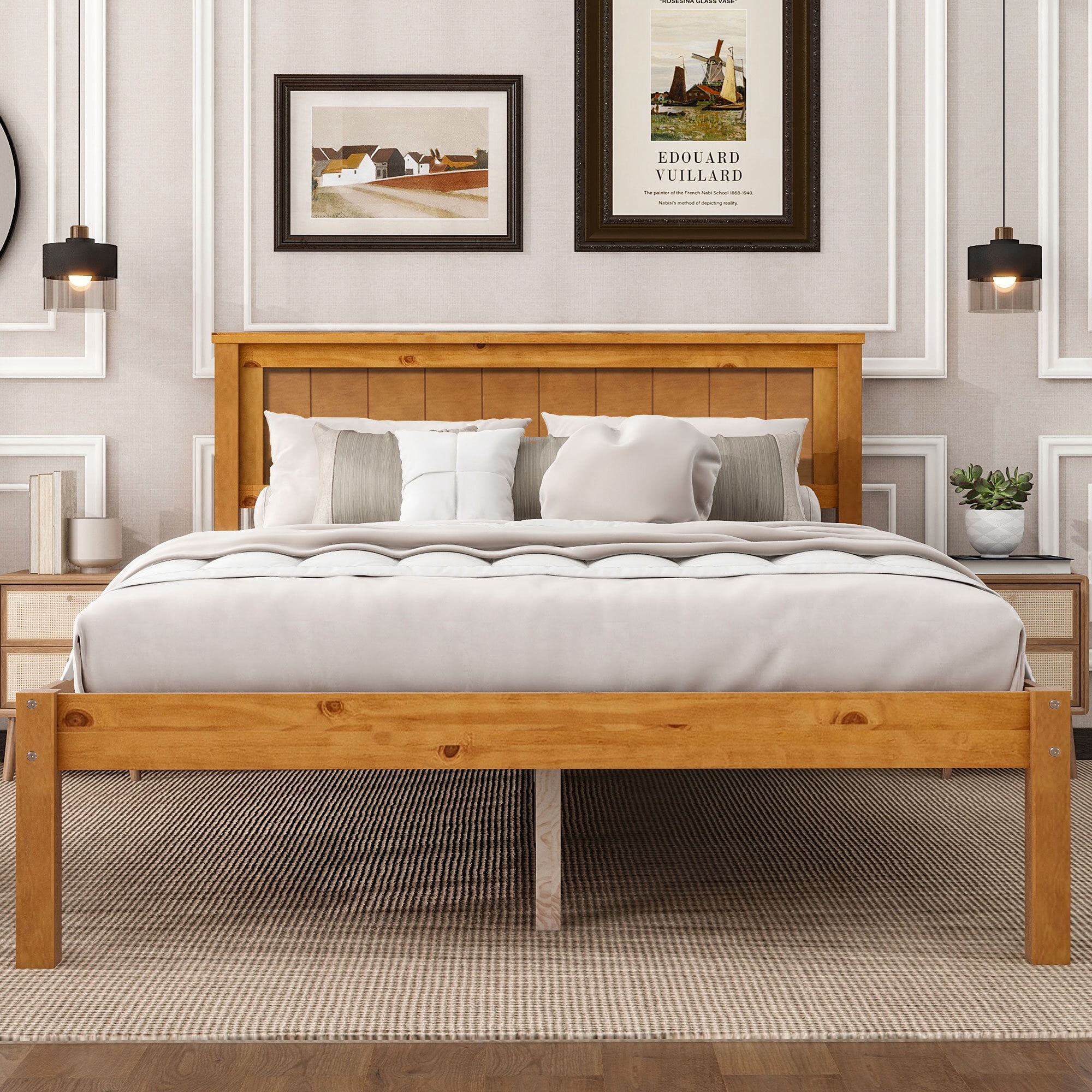 Euroco Full Platform Bed, Modern Wood Frame Bed with Headboard and Slats for Kids Room, No Box Spring Needed, Oak