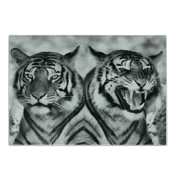 Safari Cutting Board, Cat Expression Opposite Images Fearsome Teeth Mirror Angry Intense Wildlife, Decorative Tempered Glass Cutting and Serving Board, Small Size, Pale Grey Black, by Ambesonne