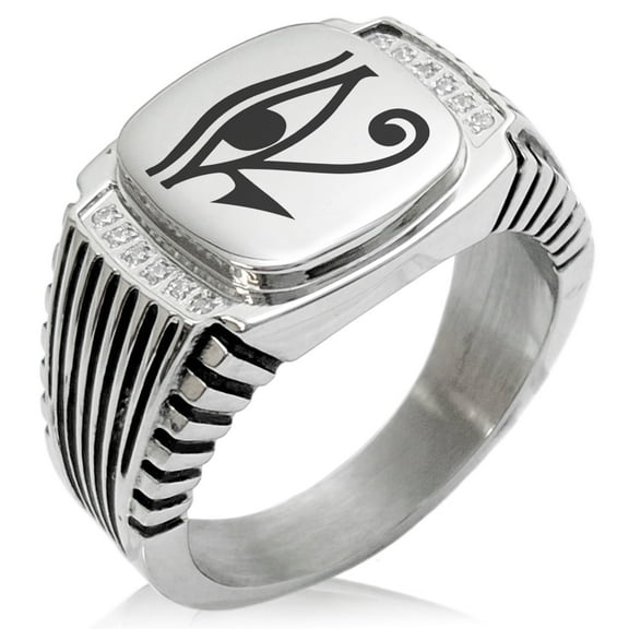 Stainless Steel Egyptian Eye of Horus CZ Ribbed Needle Stripe Pattern Biker Style Polished Ring