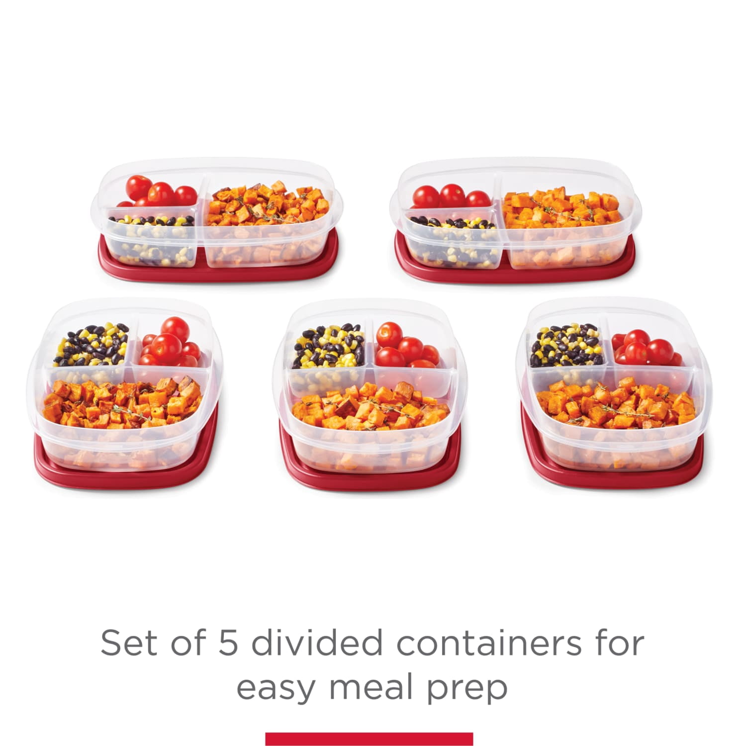 Rubbermaid Easy Find Lids 5 Pack Meal Prep Containers with 3 Compartments, Red, 5.1 Cups