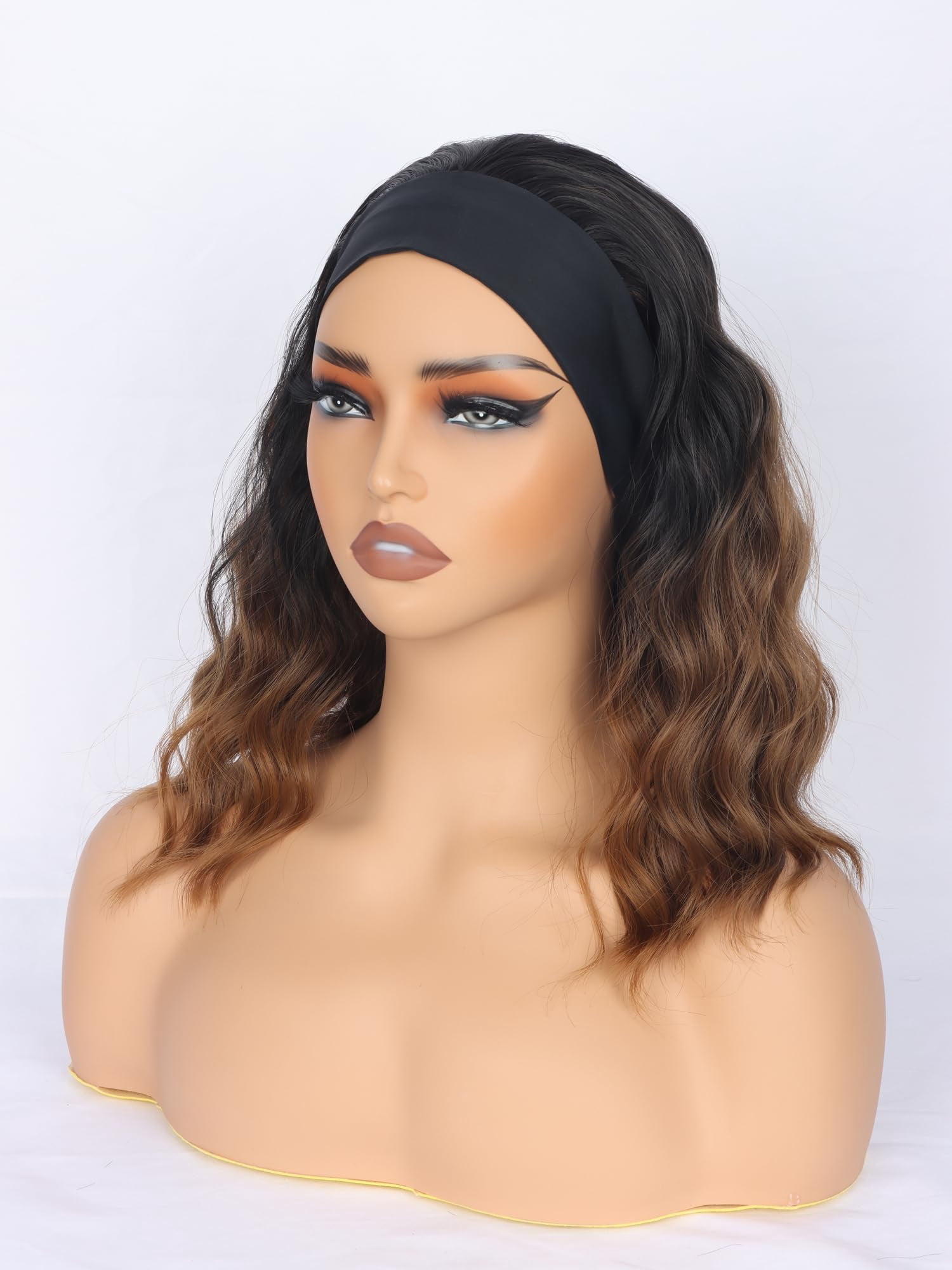 Black Headband Wigs With Brown Highlights For Women 14 Inch Wavy Heat Resistant Synthetic Soft Light Natural Looking Hair Replacement Wigs