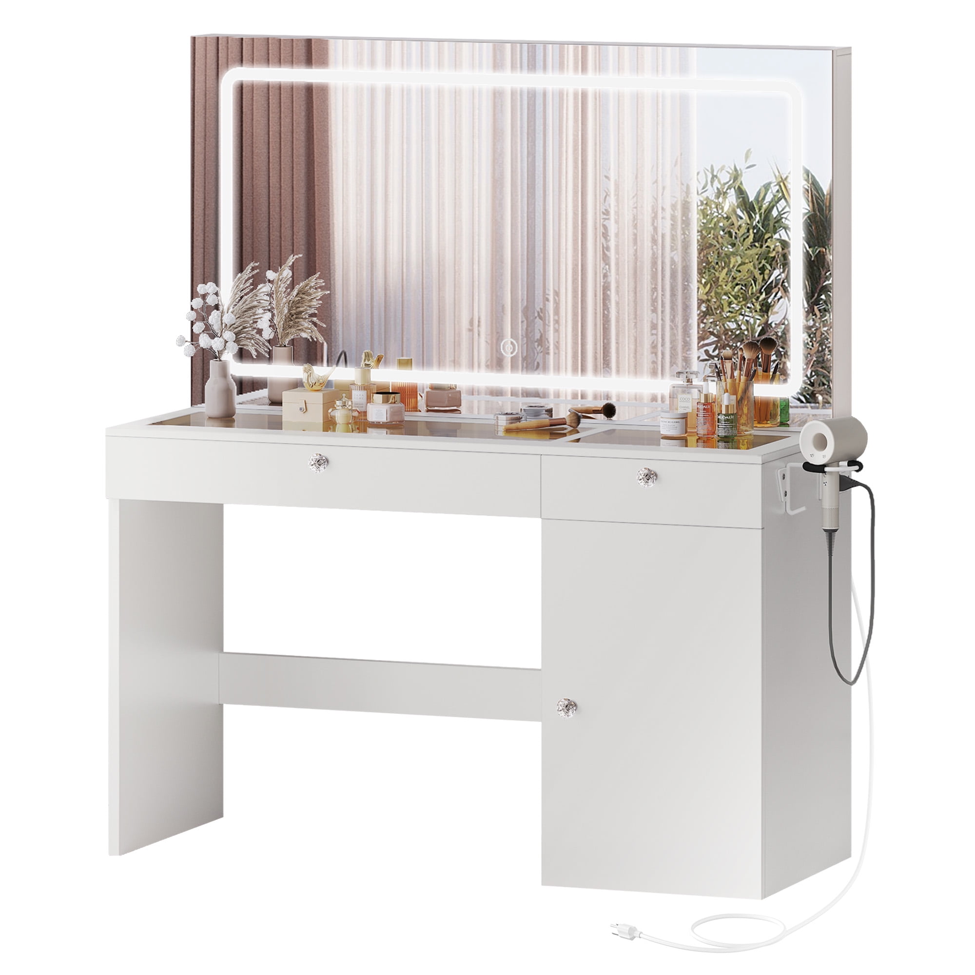 Uforic Modern Vanity Desk with LED Lighted Mirror & Power Outlet, Makeup Vanity Table with Drawers & Cabinet , Bedroom Dressing Vanity with Dividers and Hair Dryer Rack, White