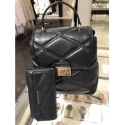 Michael Kors Serena MD Quilted Leather Flap Backpack Handbag Purse+Wallet Black