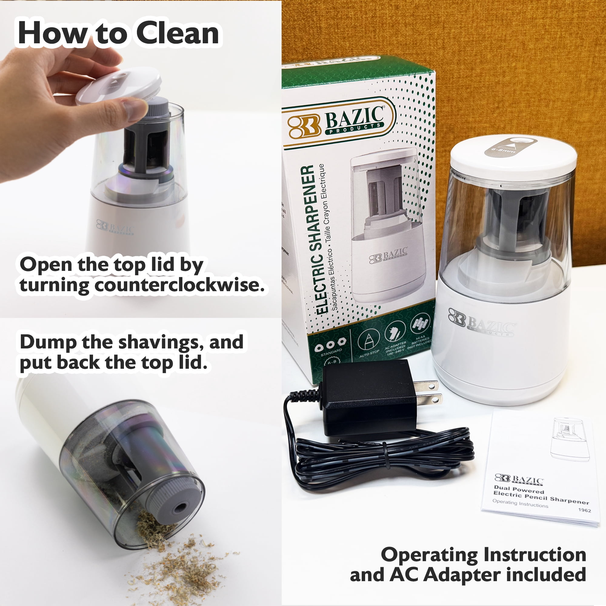 BAZIC Products Electric Pencil Sharpener, Auto Stop for No.2/Colored Pencils (6-8mm), AC Adapter/Battery Powered