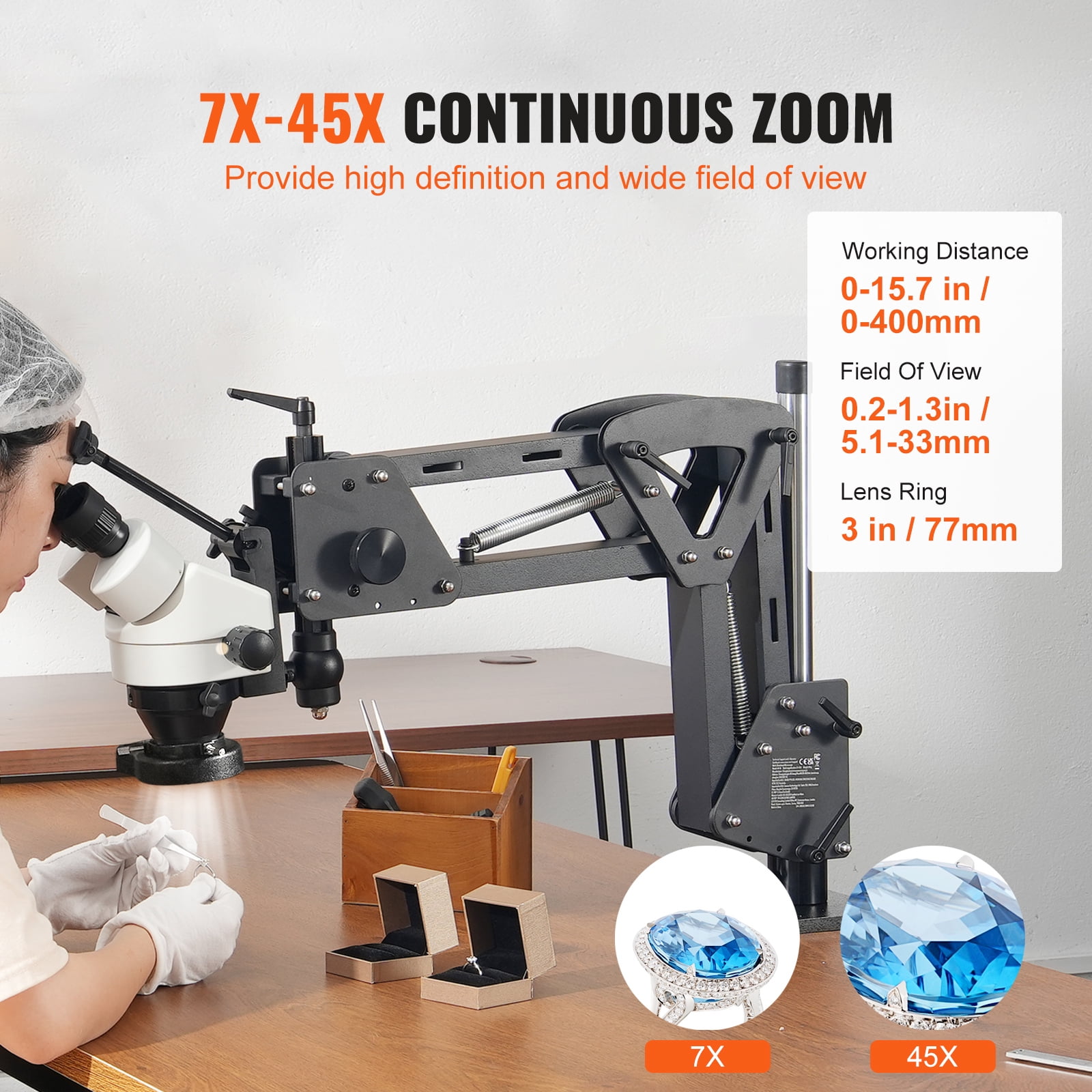 KFFKFF Multi-Directional Microscope with Adjustable Spring Bracket Jewelry Inlay Stand,Precision Work,7X-45X Magnification, 18.3 x 6.9 x 18.7 in