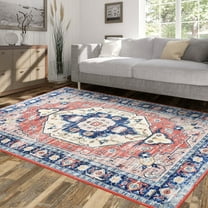 GlowSol Large Rug 9' x 12' Medallion Distressed Rug Vintage Floral Rug Indoor Soft Foldable Rug Low Pile Non-Shedding Carpet for Dining Room Office, Orange/Pink