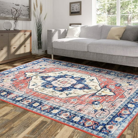 GlowSol Large Rug 9' x 12' Medallion Distressed Rug Vintage Floral Rug Indoor Soft Foldable Rug Low Pile Non-Shedding Carpet for Dining Room Office, Orange/Pink
