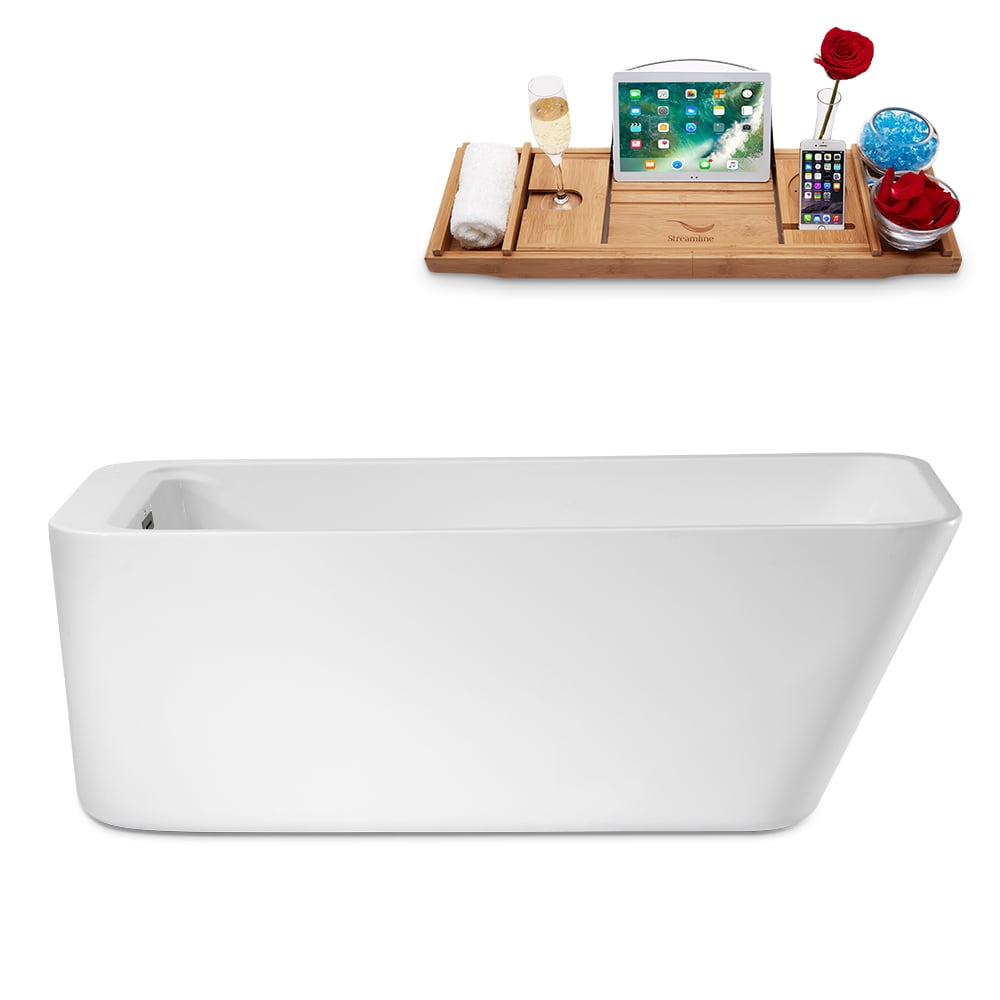 59" Glossy White Acrylic Freestanding Soaking Bathtub with Bamboo Tray