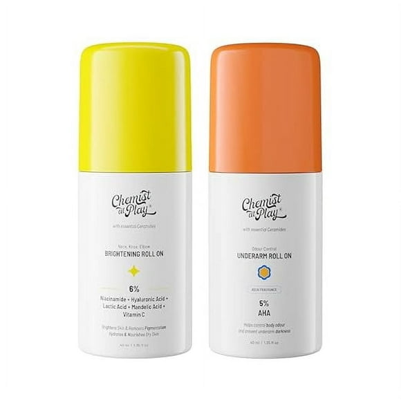 Chemist at Play Neck, Knee & Elbow Brightening Roll On 6% Vitamin C+ | Under-Arm Roll-On, 5% Lactic Acid & 1% Mandelic Acid, Aqua Fragrance |40ml Each