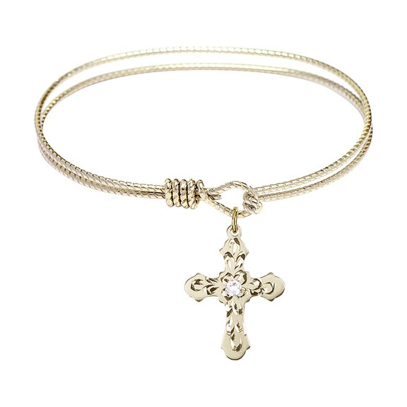 6 1/4 inch Oval Eye Hook Bangle Bracelet w/ Cross medal charm w/ April Crystal Swarovski Crystal