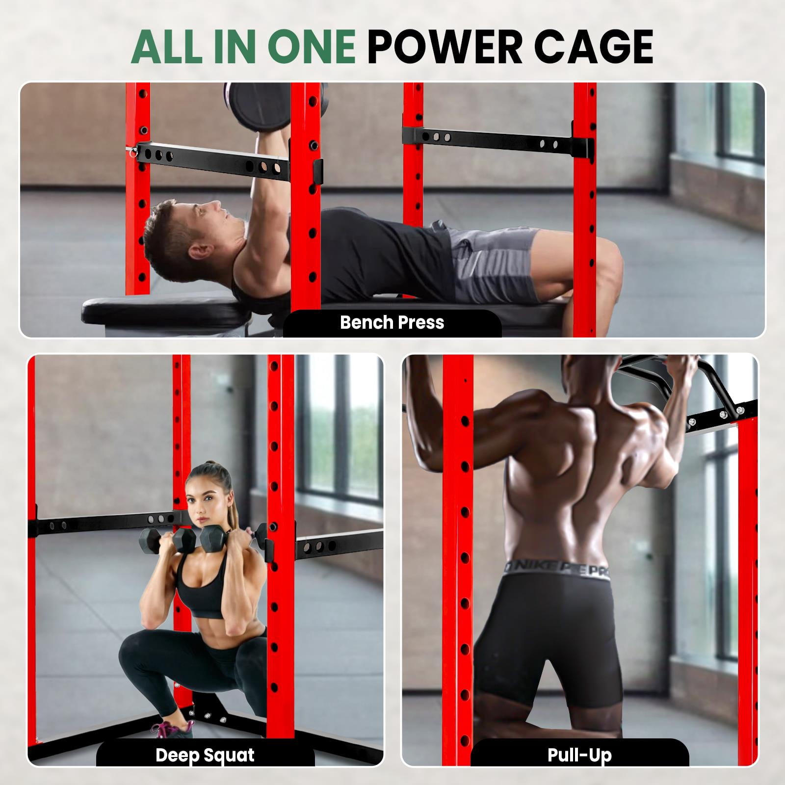 Multi-Functional Power Rack 660 Lbs,Red Squat Rack With Pull-Up Bar,Adjustable Height And Thickened Steel Frame,Gym Power Cage For Home Gym Or Powerlifting,Red