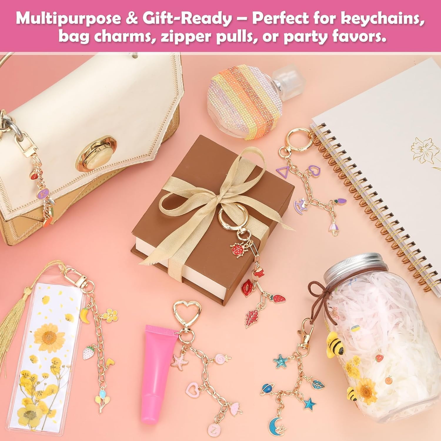198Pcs Charms Lip Gloss Keychain Making Kit, DIY Craft Supplies with Charms, Key Chain Hooks, Jump Rings, Lobster Clasps, Chains & Tools, Jewelry Making Kit for Custom Keychains, Bags, Gifts