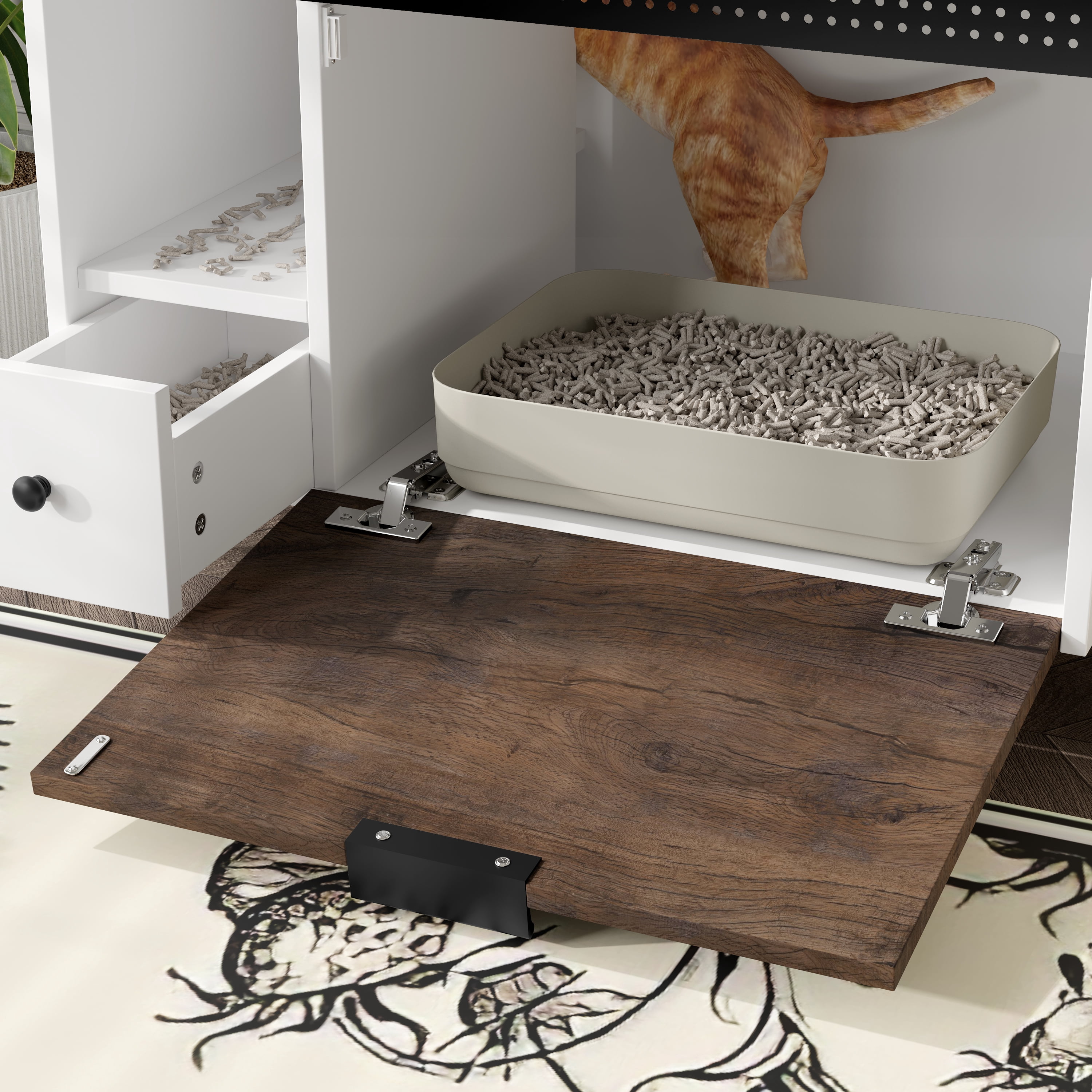 Euroco Multifunctional Cat Litter Box Enclosure Furniture with Storage Drawers, Drop-Down Door & Grooved Grille – Hidden Litter Cabinet for Cats, Side Table Style