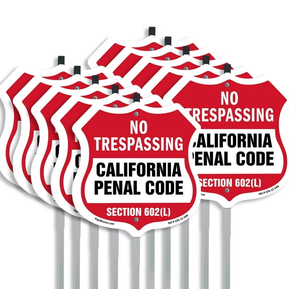 California No Trespassing Shield Sign California Penal Code Section 602(L) (10 Pack) 12 inch X 12 inch Shield Shaped Rust-Free Aluminum Metal Signs with Aluminum Mounting Stakes Weather