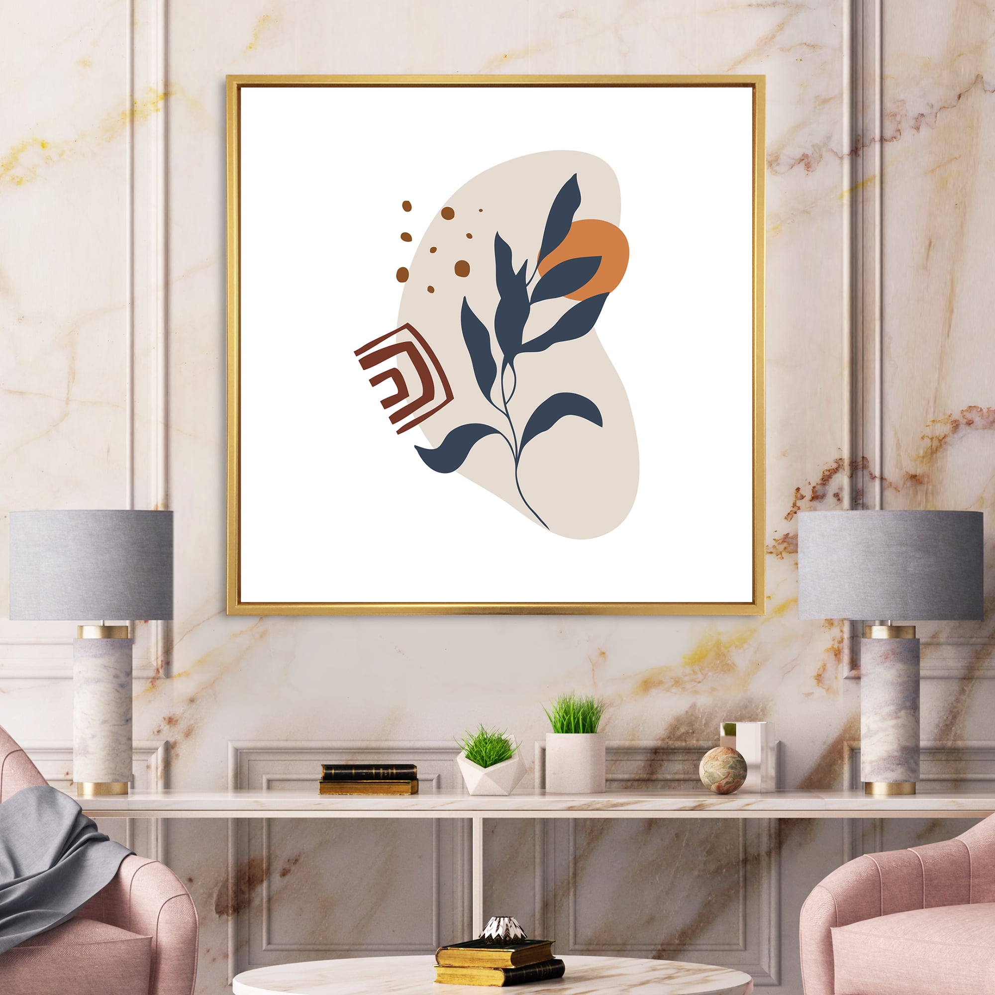 Designart 'Abstract Minimal Shapes Under Flowers VII' Modern Framed Canvas Wall Art Print