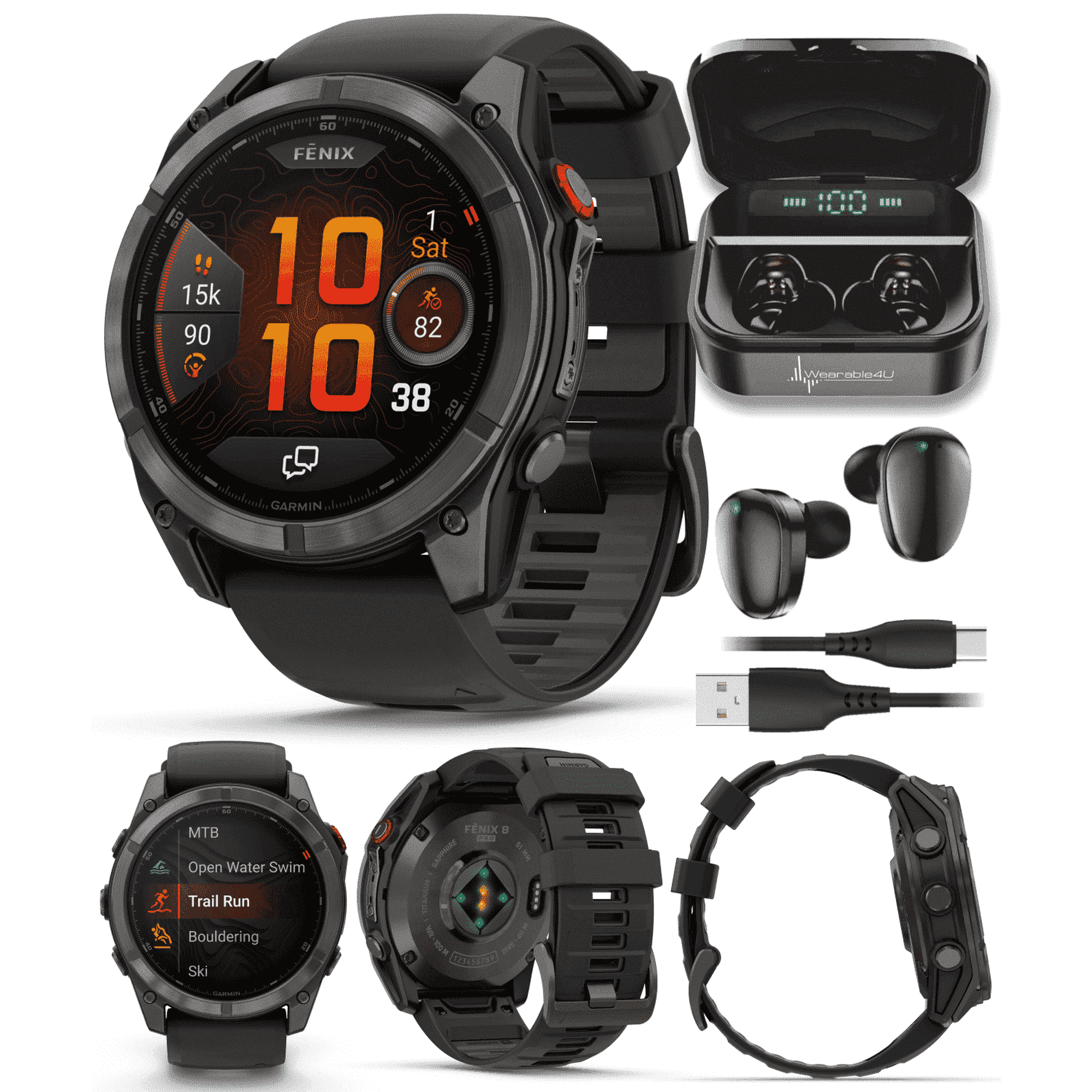 Garmin Fenix 8 Pro 51mm AMOLED Sapphire Premium Connected Multisport GPS Smartwatch, inReach, Carbon Gray DLC Titanium & Black/Pebble Gray Silicone Band w/ Wearable4U Black Earbuds Bundle