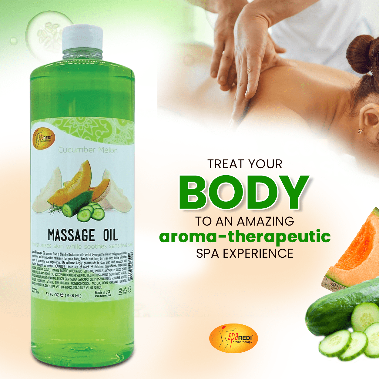 SPA REDI - Massage Oil, Cucumber Melon, 32 Oz - Professional Full Body Massage Therapy, Manicure, Pedicure - Relax Sore Muscles and Repair Dry Skin, Enhanced with High Absorption Oils and Vitamin E
