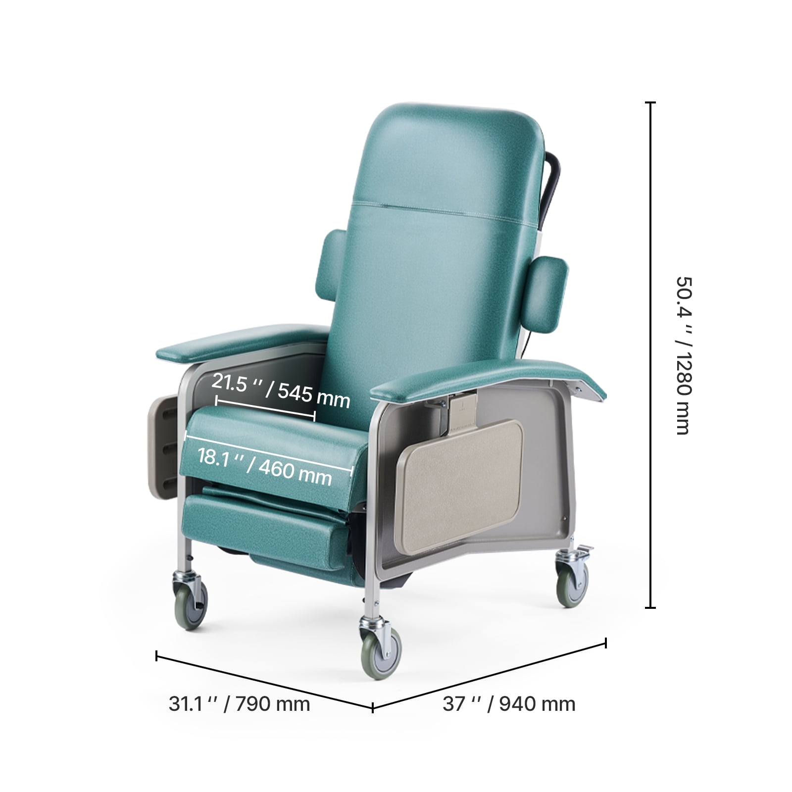 KFFKFF Adjustable Medical Recliner Chair with 4 Positions, Trendelenburg Design, Comfortable Padded Seat, 4 Wheels, and Dual Trays for Healthcare Facilities and Home Care