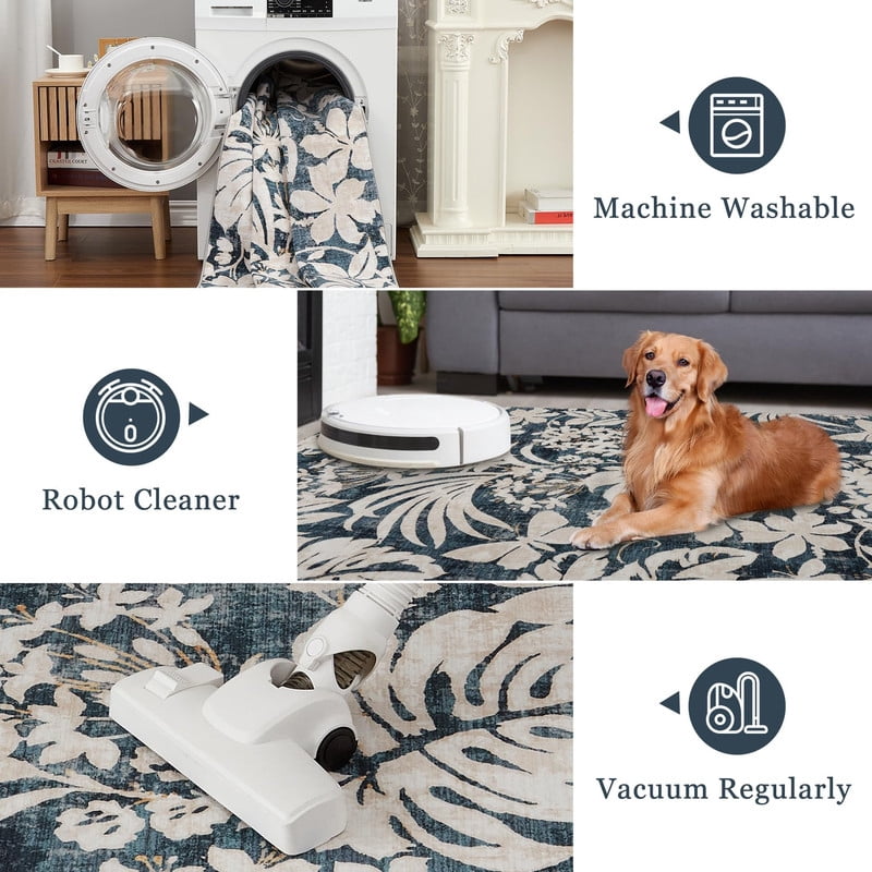Washable 9x12 Large Area Rugs for Living Room Non-Slip Modern Botanical Floral Rugs Accent Floor Carpet for Bedroom Dining Room Blue