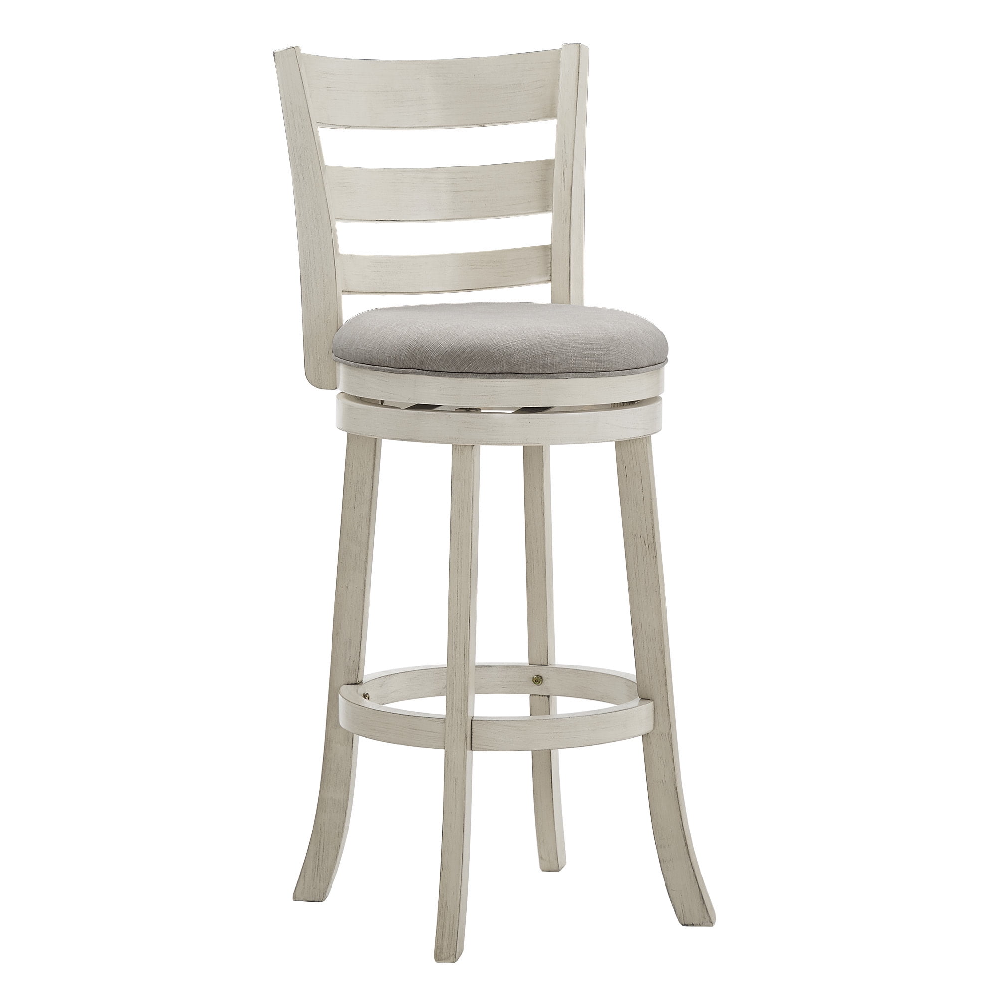 Weston Home Shapel Ladder Back 29"H Swivel Bar Stool, Antique White Finish, Grey Linen
