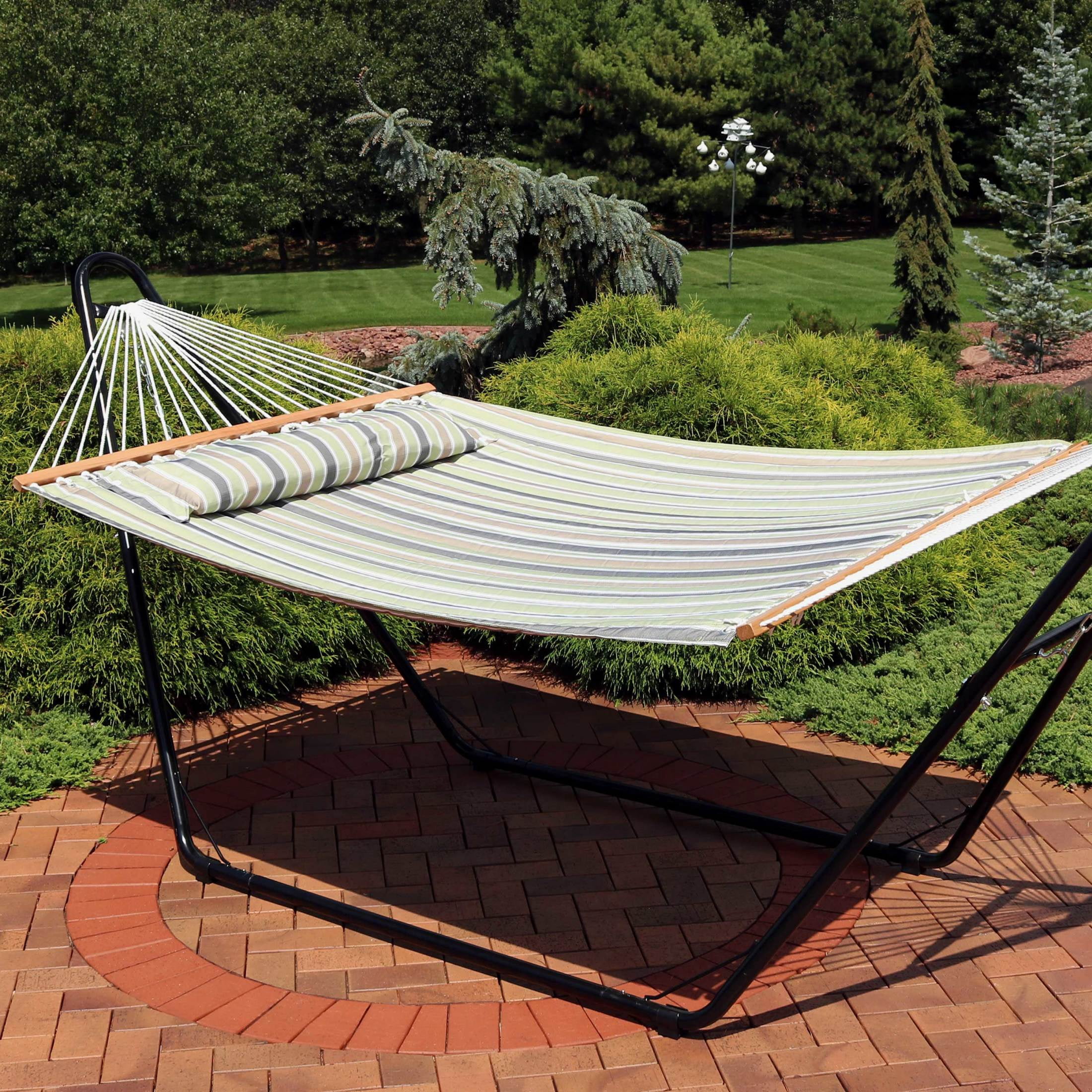 Sunnydaze 2-Person Quilted Polyester Spreader Bar Hammock, 450 lb Capacity - Khaki Stripe