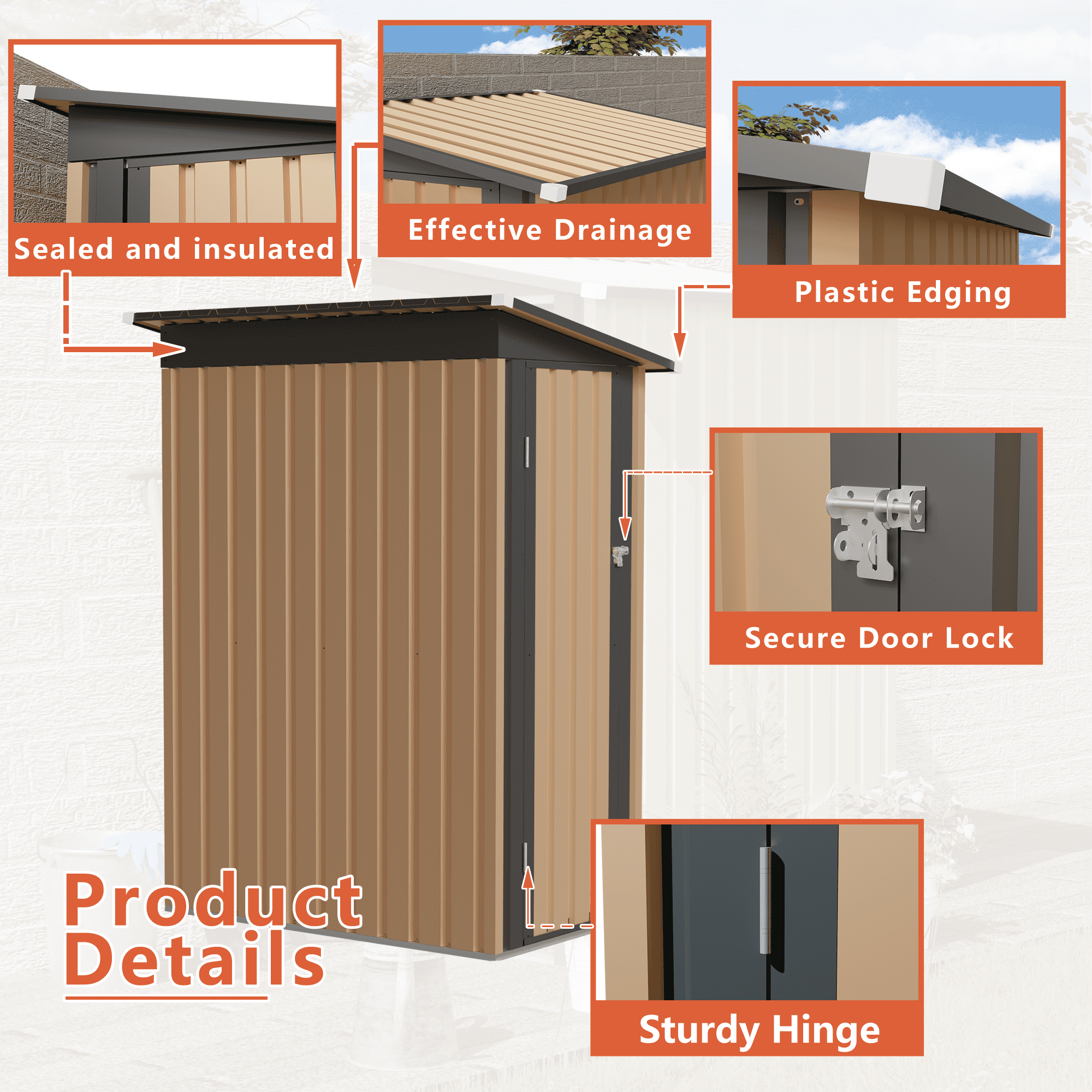 Aukfa 4.27x2.42FT Outdoor Pent Metal Garden Shed,Weather-Resistant Tool Shed for Backyard, Patio & Lawn,Brown