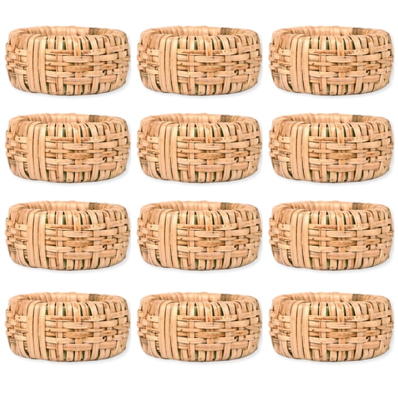 Set of 12 Handcrafted Napkin Rings - Plastic & Cane Round Napkin Holders for Dining Table Décor (Rustic Rattan)
