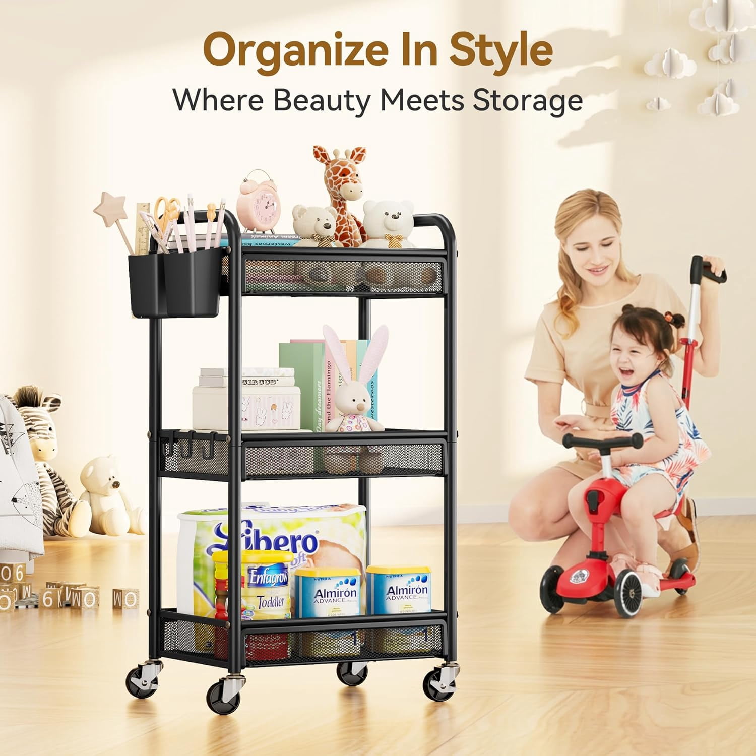 3 Tier Rolling Cart – Metal Utility Storage Carts with Wheels, Craft Cart Organizer with Hanging Cups, Hooks, Mesh Basket for Bedside Kitchen Office Art, Black