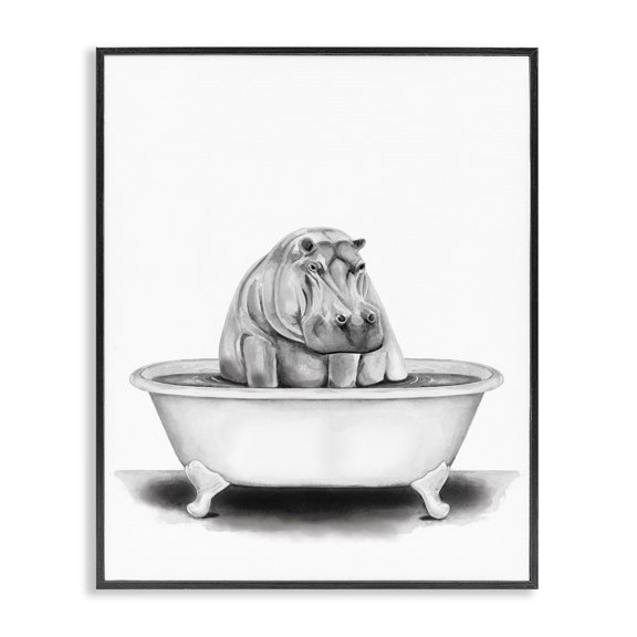 Stupell Industries - Hippo In A Tub Funny Black Framed Giclee 16x20 by Rachel Nieman