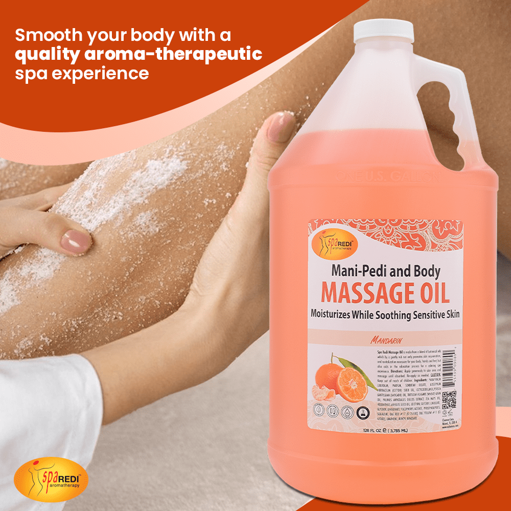 SPA REDI - Massage Oil, Mandarin, 128 Oz - Professional Full Body Massage Therapy, Made with Almond Oil, Cotton Seed Oil, Sunflower Oil, Avocado Oil, Essential Oils and Vitamin E