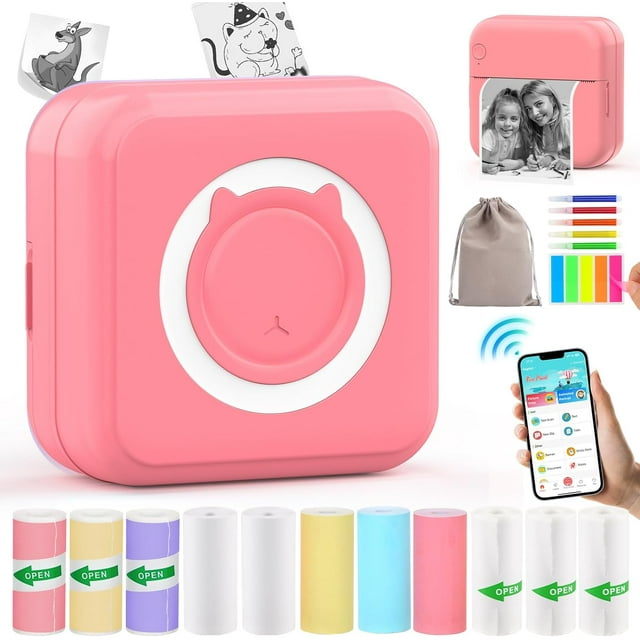 Print Pods Mini Printer Portable tooth Thermal Inkless Sticker Printer with Rolls Thermal Paper and Sticker for iOS & Android Pocket Printer for Photo Note Study Label DIY