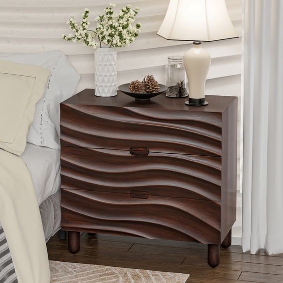 Modern 3 Drawer Wood Dresser with 3D Wave Drawer Fronts, Contemporary Storage Chest with Groove Handle and Solid Pine Leg for Living Room, Bedroom, Entryway (Brown)