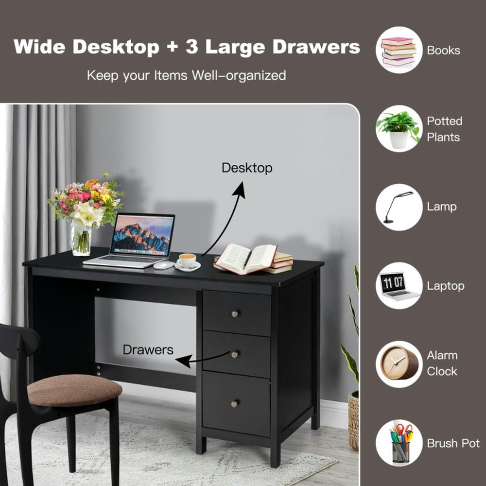 Demi Bonn 3-Drawer Computer Desk with Spacious Desktop, Small Home Office Desk Study Writing Table, Black