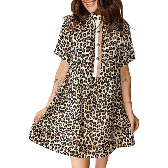 Women's Multicolour Leopard Mini Dress – Short Sleeve Shift Dress with Pockets for Summer Fun, XL