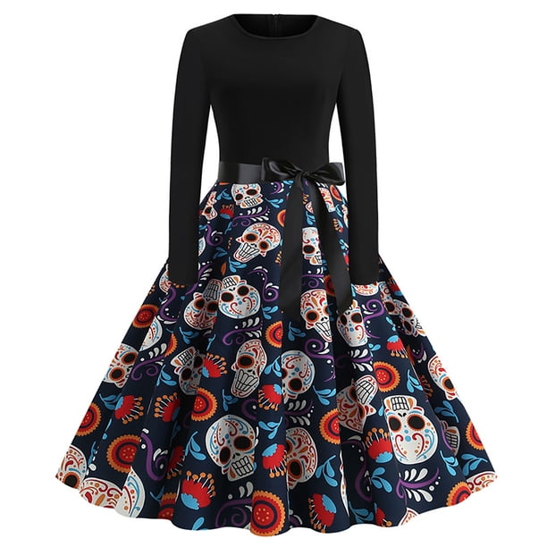 Vestido retro de fiesta de graduación con cuello redondo de noche de manga larga con estampado retro para mujer Pompotops hdfakjf370