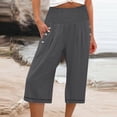 thumbnail image 2 of Women's Capri Pants Casual Trendy Summer Solid Color Stretch High Waist Cropped Pants with Pockets Buttons Wide Leg Capris, 2 of 5