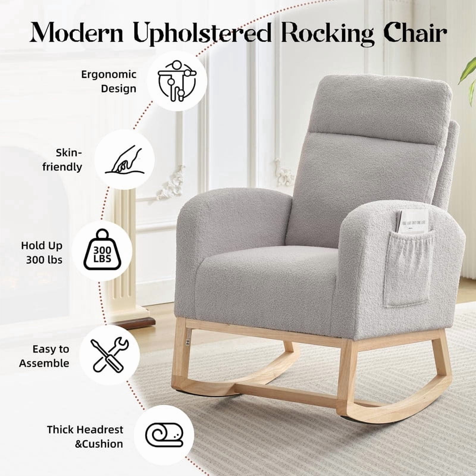 TROPOW Nursing Rocking Chair, Modern Upholstered Glider Rocker with High Back & Side Pocket for Nursery, Breastfeeding, Living Room & Bedroom