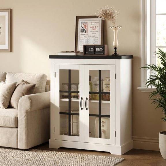 Elegant 2-in-1 Sideboard Buffet with Power Outlet & Glass Doors - Sturdy Storage Cabinet for Dining & Living Spaces, Black