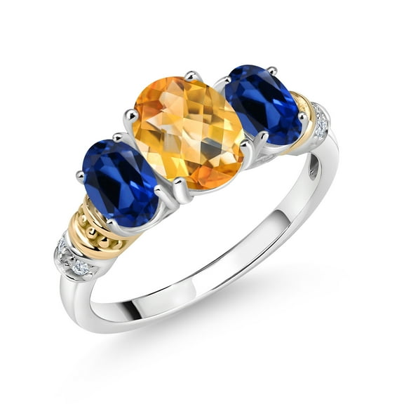 Gem Stone King 925 Sterling Silver and 10K Yellow Gold Oval Yellow Citrine Blue Created Sapphire and White Diamond 3 Stone Ring for Women (2.48 Cttw, Gemstone November Birthstone, Size 7)