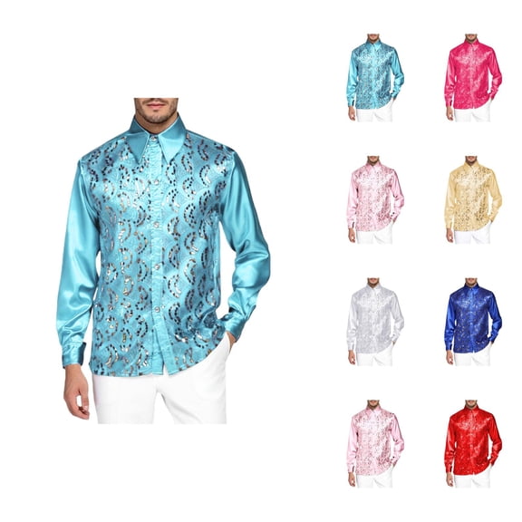 Shiny Metallic Sequin Shirt for Men Long Sleeve Button Down Collared Dress Shirt Disco Party Wedding Formal Suit
