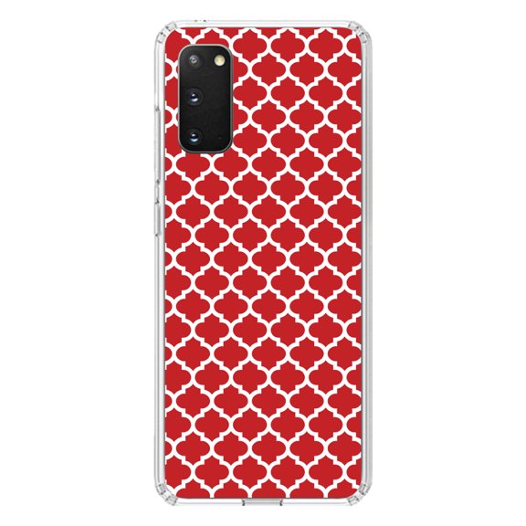 DistinctInk Clear Shockproof Hybrid Case for Galaxy S20 / S20 5G (6.2" Screen) - TPU Bumper, Acrylic Back, Tempered Glass Screen Protector - Red White Moroccan Lattice