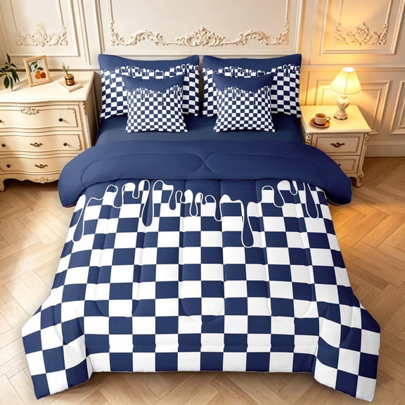 Manfei Checkered Art 7-Piece Twin Bedding,Geometric Plaid Bedding Comforter Set,Navy White,Navy Blue Reversible