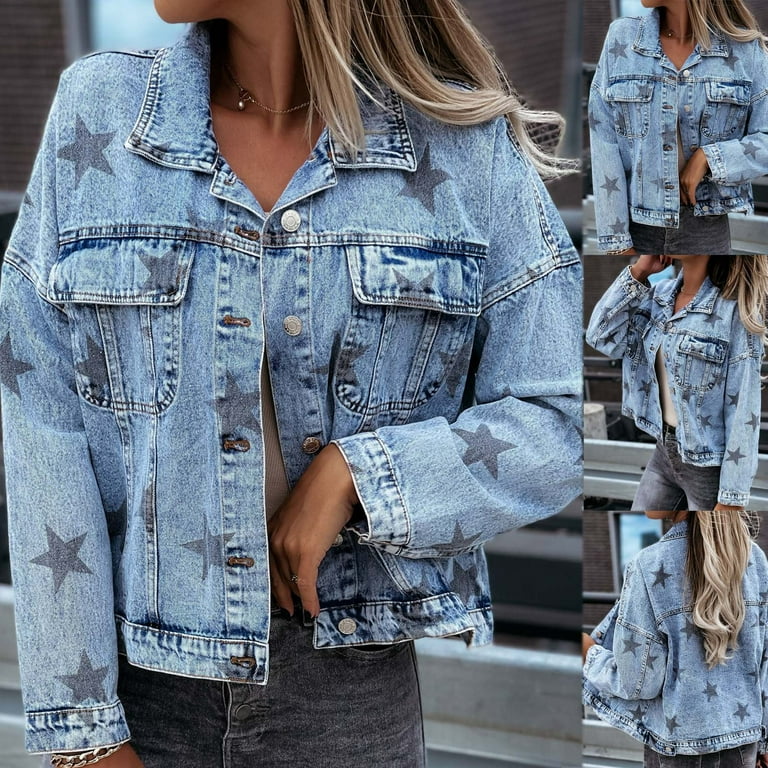 ★TRILLION★Star Applique Damage Washed Denim Jacket★ jsaierl Womens Stretch Fitted Crop Star Prints Denim Jacket