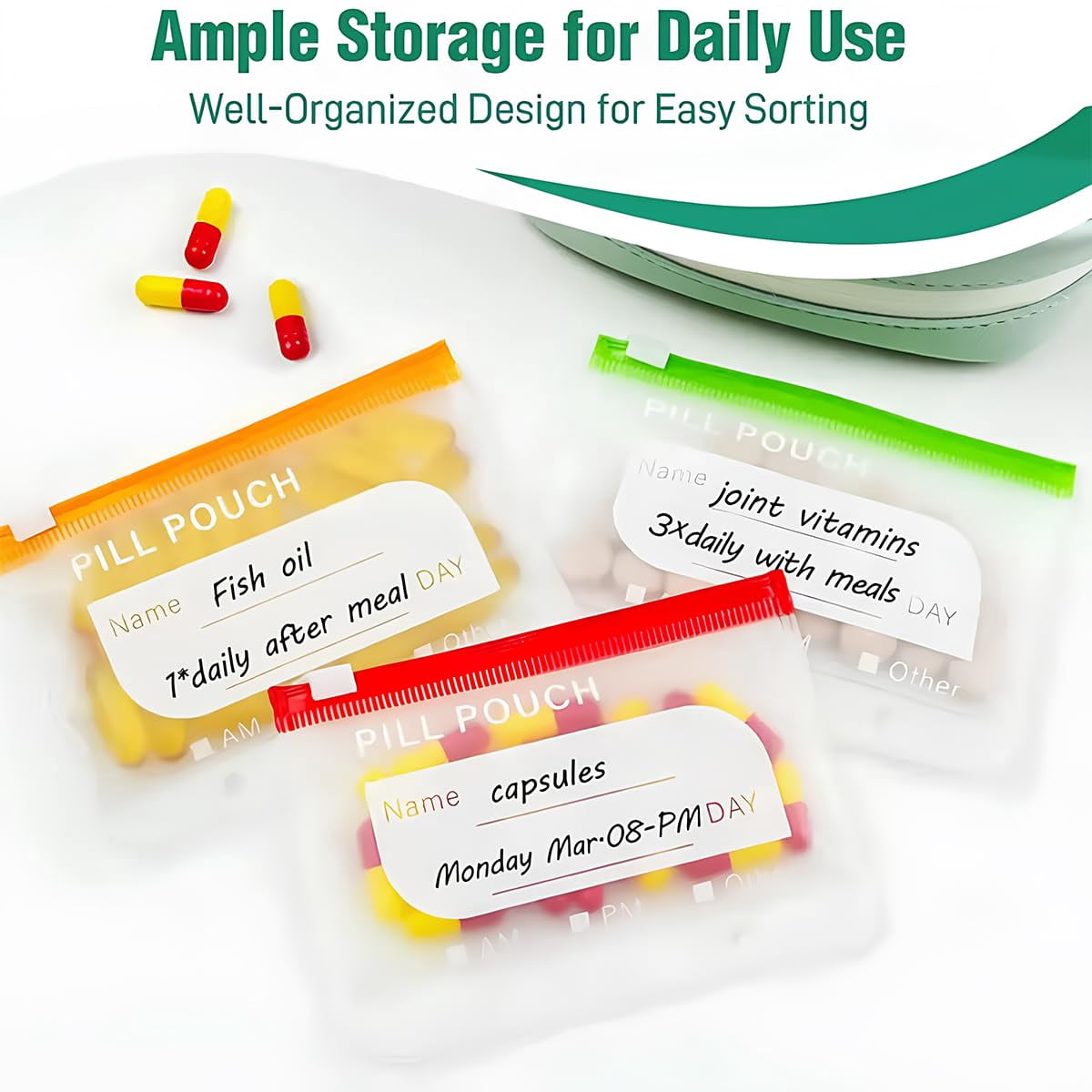 Waterproof Pill Pouches – Reusable A8 Travel Pill Organizer, Color-Coded Weekly Pouch for Purse & Daily Use