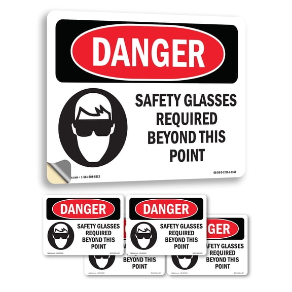 Safety Glasses Required Beyond This Point OSHA Danger Vinyl Decal Label 7 Inch x 5 Inch - 5 Pack