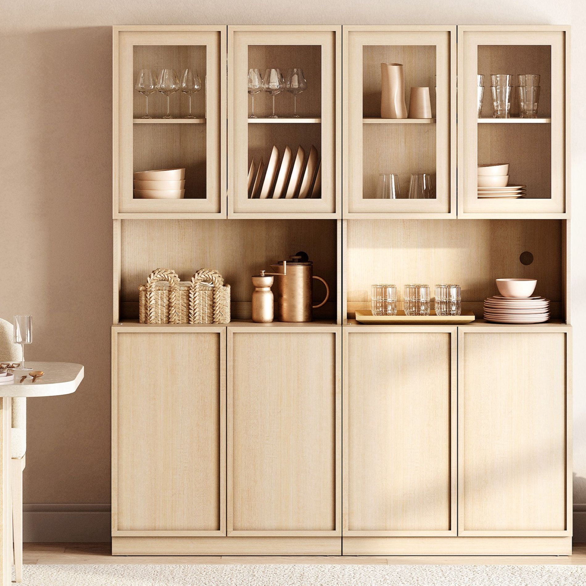 Modern Wood Sideboard Buffet with Glass Doors & Adjustable Shelves, 72" Tall Glass Display Storage Cabinet for Dining Kitchen,Beige