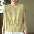 thumbnail image 4 of Women's Linen Tops Pleated Crew Neck Short Sleeve Shirts Casual Loose Lightweight Blouses Solid Color Clothes (XL, Yellow), 4 of 6